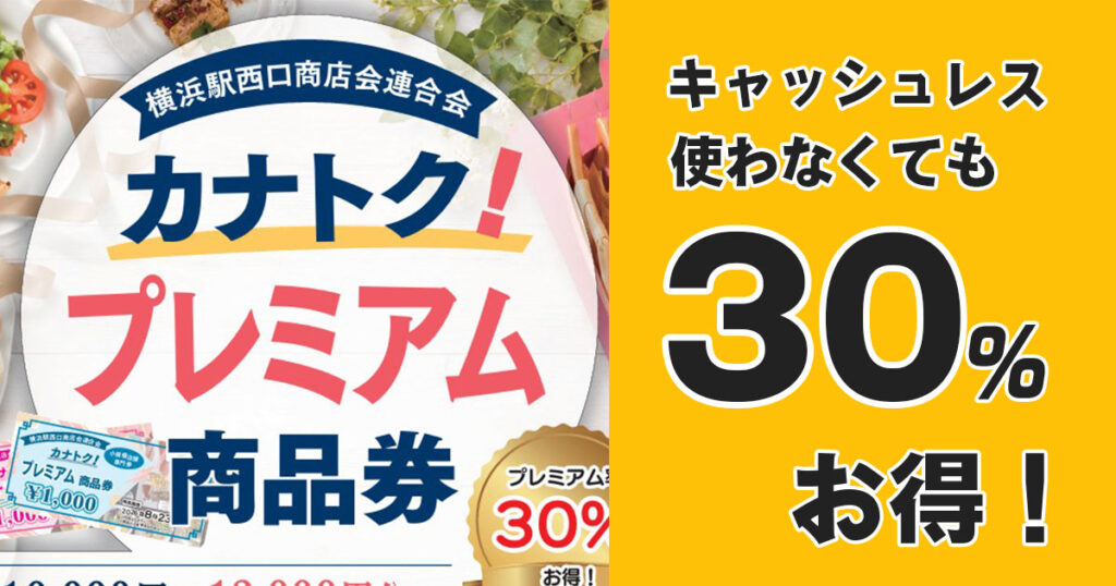 横浜駅西口で販売される「カナトク！プレミアム商品券」の案内ポスターと、キャッシュレスを使わない人も30％お得と紹介するサムネイル